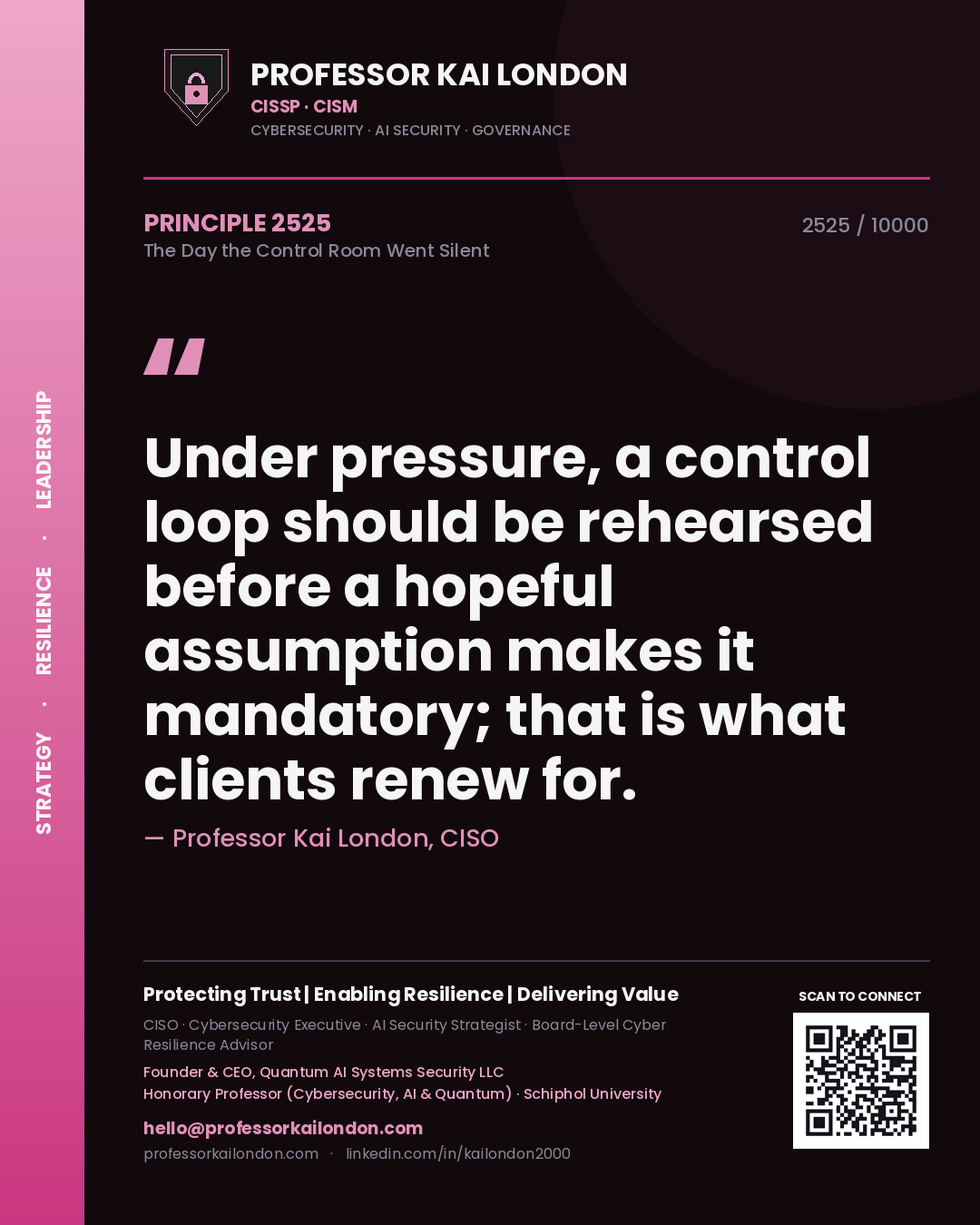 Quote card by Professor Kai London reading 'Under pressure, a control loop should be rehearsed before a hopeful assumption makes it mandatory; that is what clients renew for.'. From the book The Day the Control Room Went Silent.