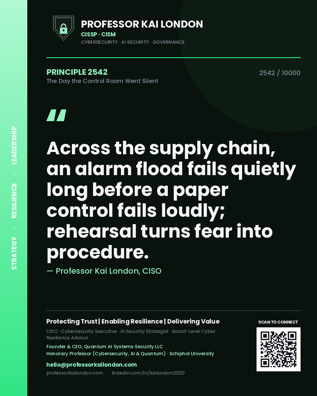 Quote card by Professor Kai London reading 'Across the supply chain, an alarm flood fails quietly long before a paper control fails loudly; rehearsal turns fear into procedure.'. From the book The Day the Control Room Went Silent.