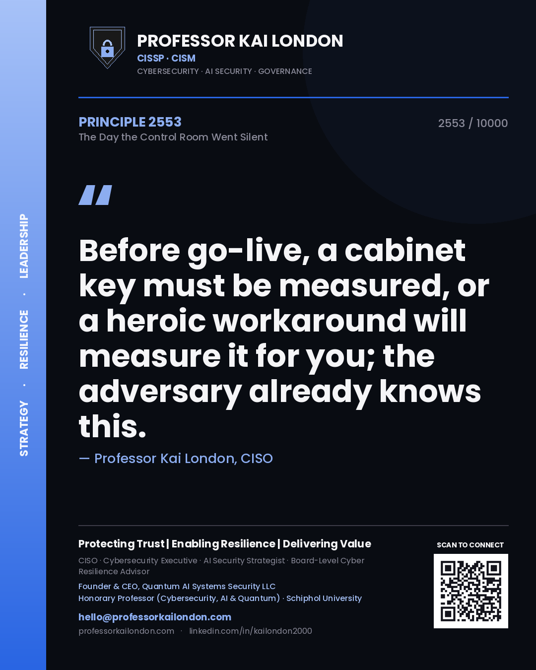 Professor Kai London principle 2553: Before go-live, a cabinet key must be measured, or a heroic workaround will measure it for you; the adversary already knows this.