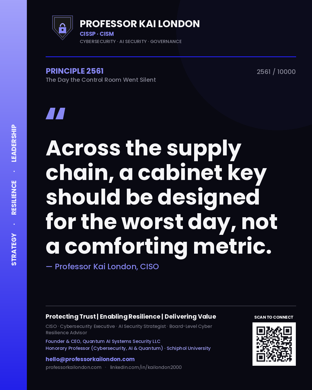 Quote card by Professor Kai London reading 'Across the supply chain, a cabinet key should be designed for the worst day, not a comforting metric.'. From the book The Day the Control Room Went Silent.