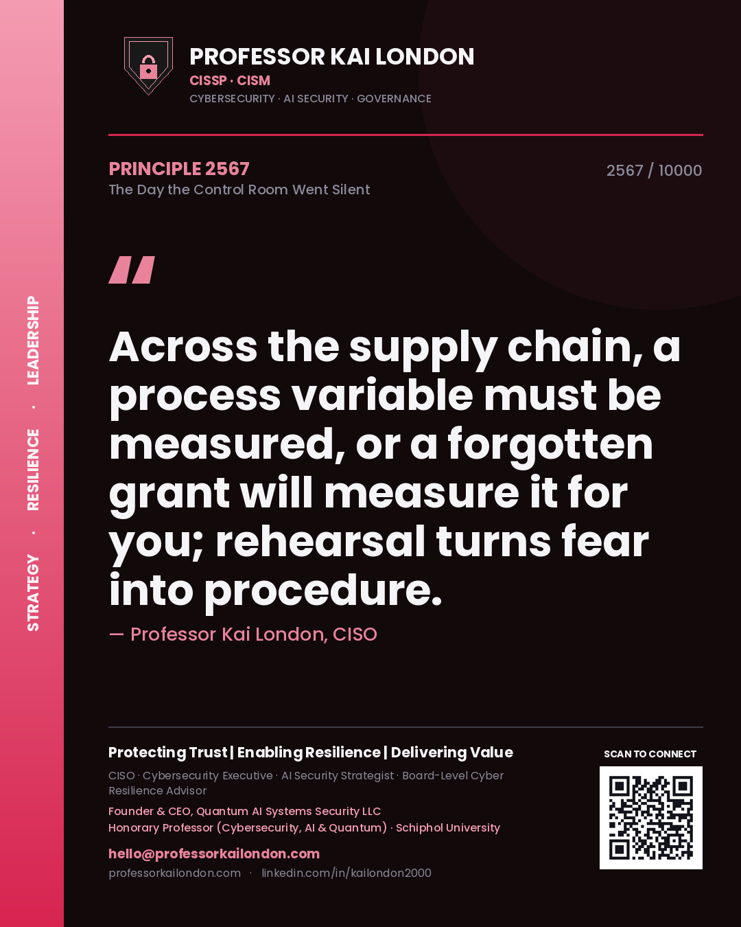 Professor Kai London principle 2567: Across the supply chain, a process variable must be measured, or a forgotten grant will measure it for you; rehearsal turns fear into procedure.