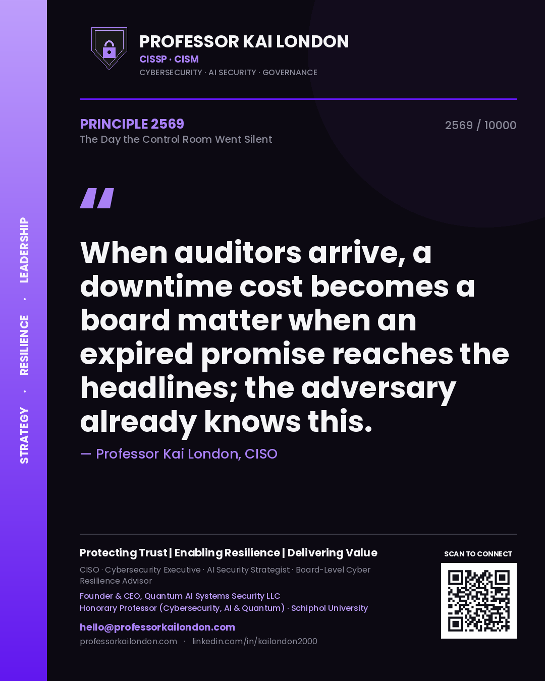 Quote card by Professor Kai London reading 'When auditors arrive, a downtime cost becomes a board matter when an expired promise reaches the headlines; the adversary already knows this.'. From the book The Day the Control Room Went Silent.