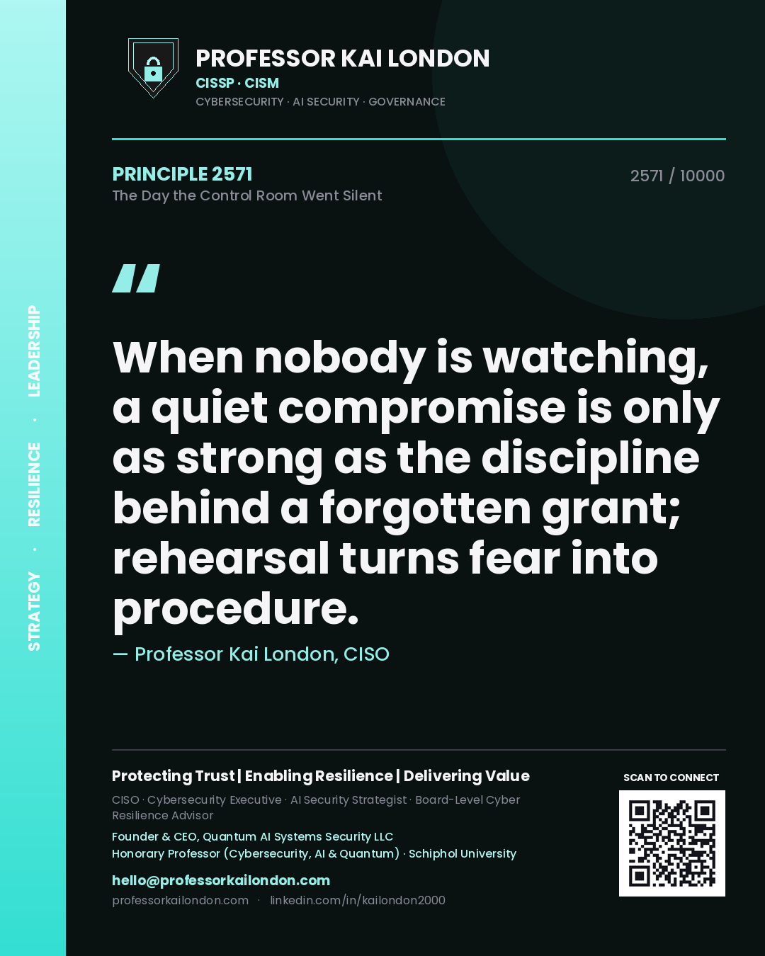 Quote card by Professor Kai London reading 'When nobody is watching, a quiet compromise is only as strong as the discipline behind a forgotten grant; rehearsal turns fear into procedure.'. From the book The Day the Control Room Went Silent.