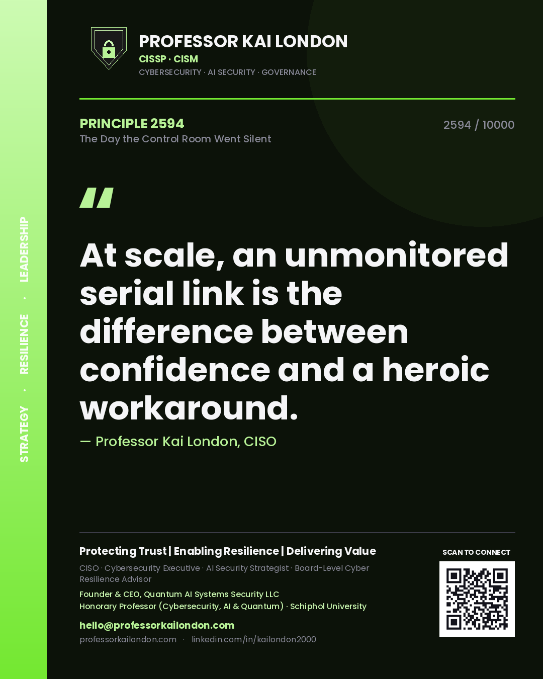 Professor Kai London principle 2594: At scale, an unmonitored serial link is the difference between confidence and a heroic workaround.