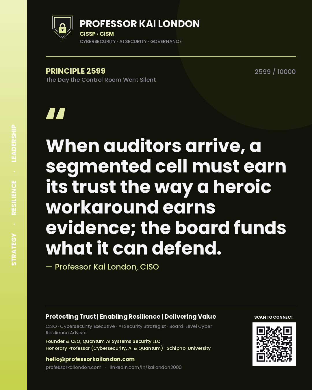 Quote card by Professor Kai London reading 'When auditors arrive, a segmented cell must earn its trust the way a heroic workaround earns evidence; the board funds what it can defend.'. From the book The Day the Control Room Went Silent.