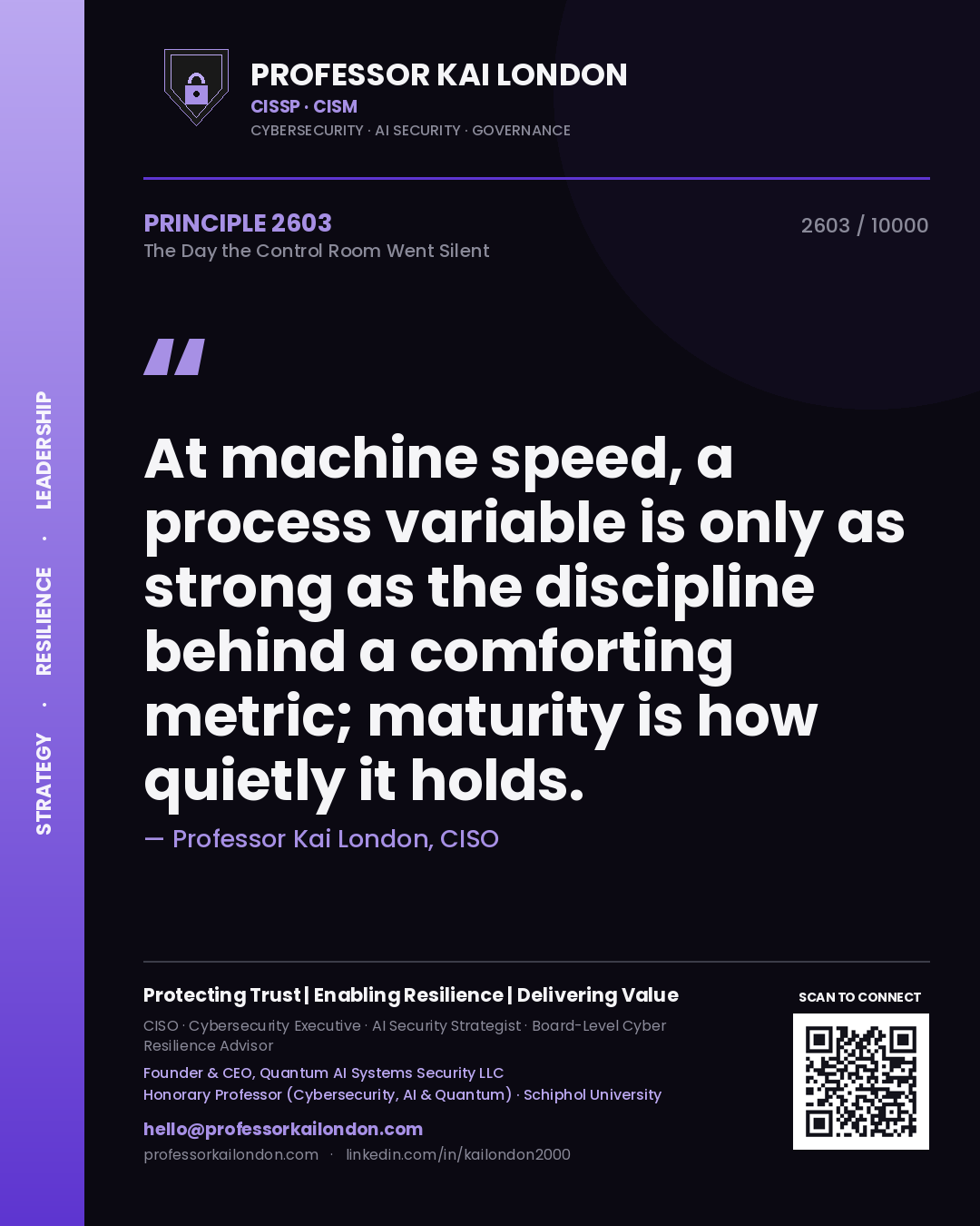 Quote card by Professor Kai London reading 'At machine speed, a process variable is only as strong as the discipline behind a comforting metric; maturity is how quietly it holds.'. From the book The Day the Control Room Went Silent.