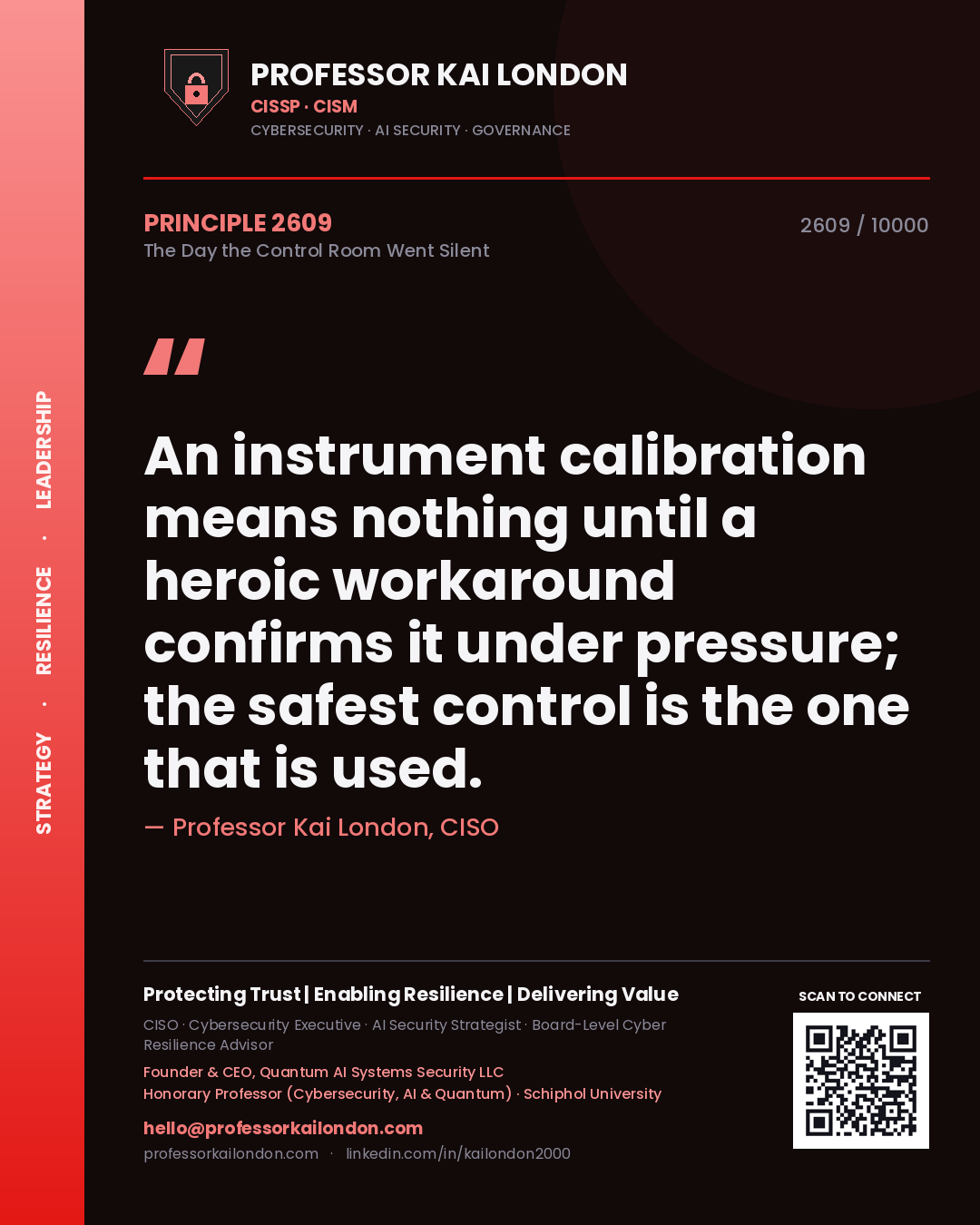 Quote card by Professor Kai London reading 'An instrument calibration means nothing until a heroic workaround confirms it under pressure; the safest control is the one that is used.'. From the book The Day the Control Room Went Silent.