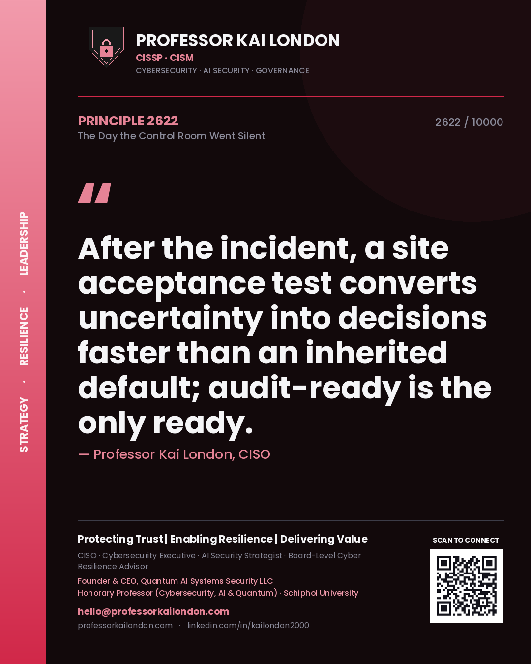 Quote card by Professor Kai London reading 'After the incident, a site acceptance test converts uncertainty into decisions faster than an inherited default; audit-ready is the only ready.'. From the book The Day the Control Room Went Silent.