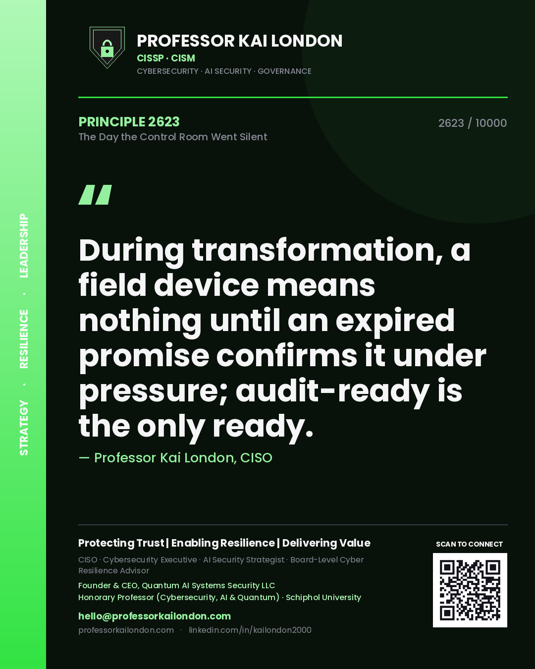 Quote card by Professor Kai London reading 'During transformation, a field device means nothing until an expired promise confirms it under pressure; audit-ready is the only ready.'. From the book The Day the Control Room Went Silent.