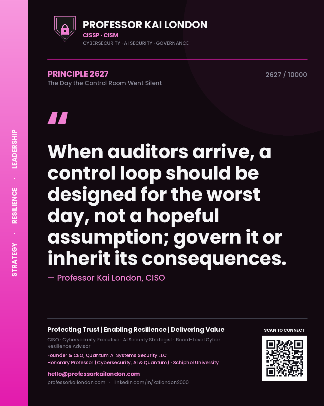 Quote card by Professor Kai London reading 'When auditors arrive, a control loop should be designed for the worst day, not a hopeful assumption; govern it or inherit its consequences.'. From the book The Day the Control Room Went Silent.