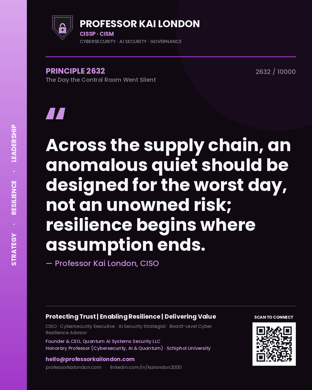 Quote card by Professor Kai London reading 'Across the supply chain, an anomalous quiet should be designed for the worst day, not an unowned risk; resilience begins where assumption ends.'. From the book The Day the Control Room Went Silent.