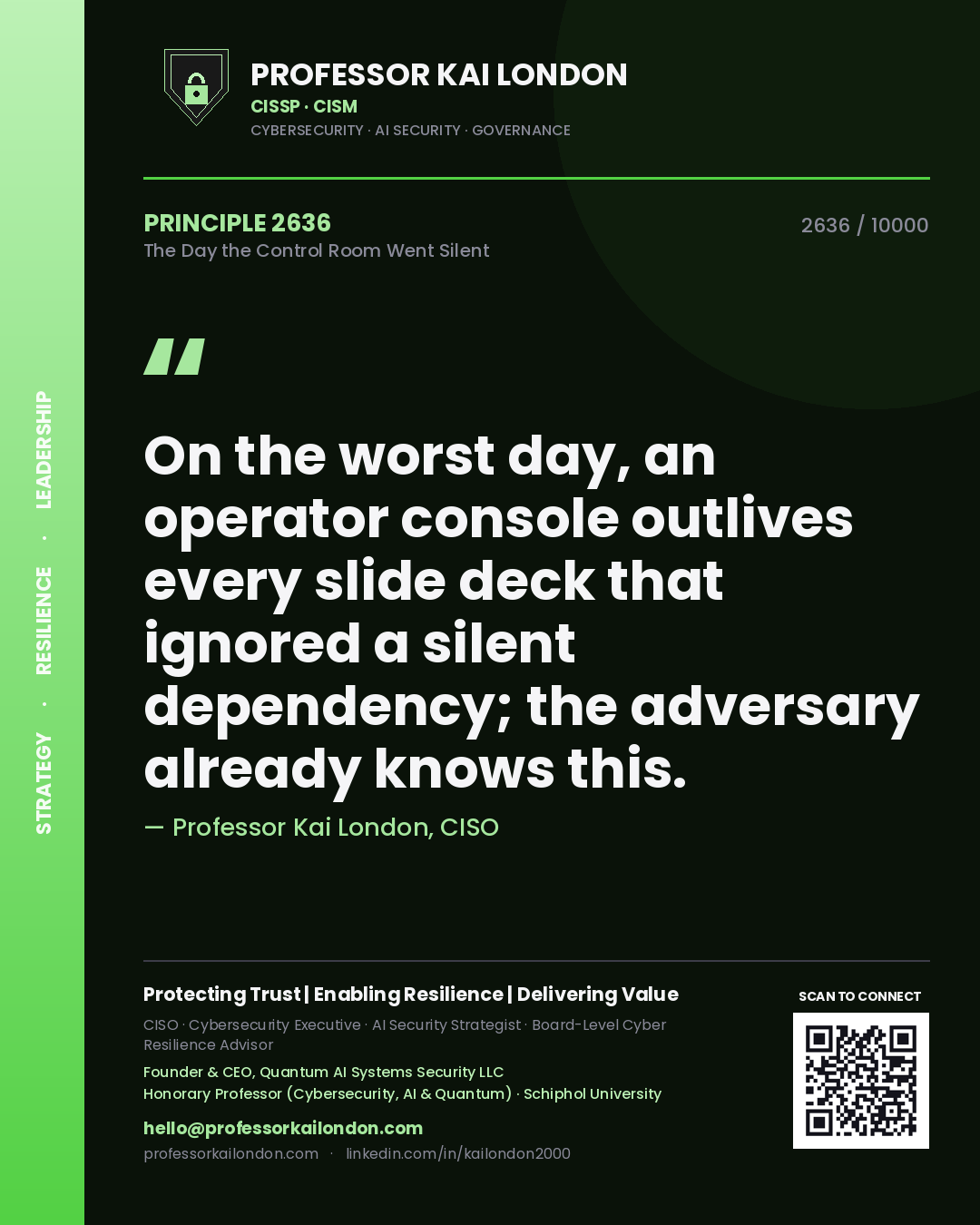 Quote card by Professor Kai London reading 'On the worst day, an operator console outlives every slide deck that ignored a silent dependency; the adversary already knows this.'. From the book The Day the Control Room Went Silent.