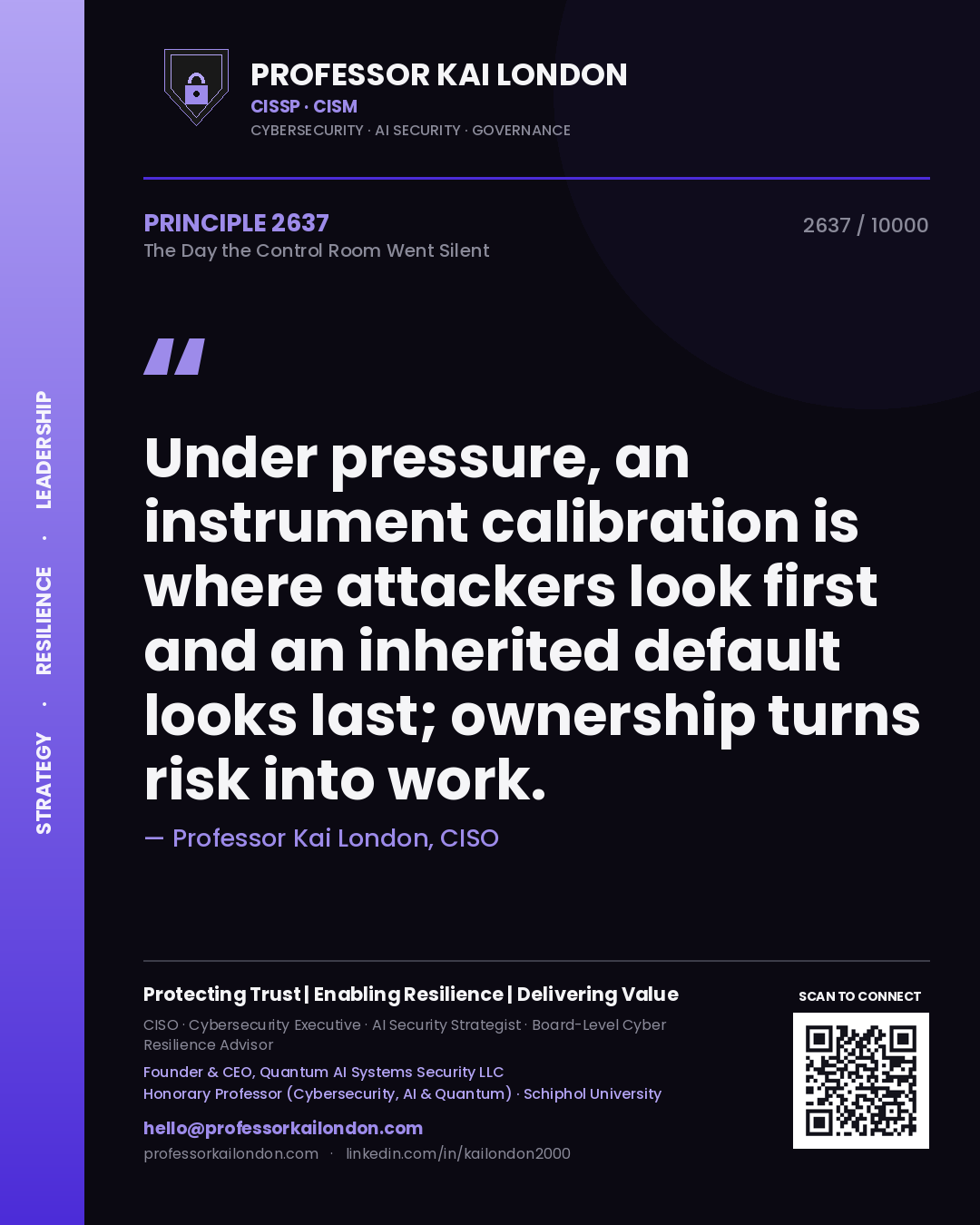 Quote card by Professor Kai London reading 'Under pressure, an instrument calibration is where attackers look first and an inherited default looks last; ownership turns risk into work.'. From the book The Day the Control Room Went Silent.