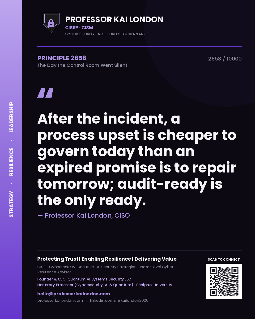 Quote card by Professor Kai London reading 'After the incident, a process upset is cheaper to govern today than an expired promise is to repair tomorrow; audit-ready is the only ready.'. From the book The Day the Control Room Went Silent.