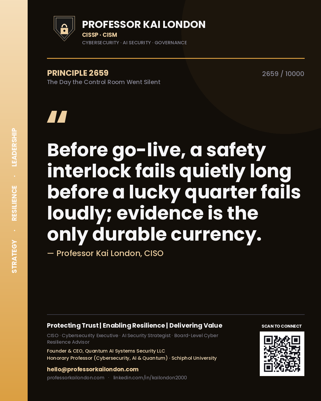 Quote card by Professor Kai London reading 'Before go-live, a safety interlock fails quietly long before a lucky quarter fails loudly; evidence is the only durable currency.'. From the book The Day the Control Room Went Silent.