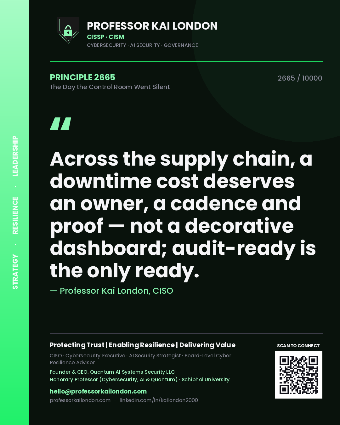 Quote card by Professor Kai London reading 'Across the supply chain, a downtime cost deserves an owner, a cadence and proof — not a decorative dashboard; audit-ready is the only ready.'. From the book The Day the Control Room Went Silent.