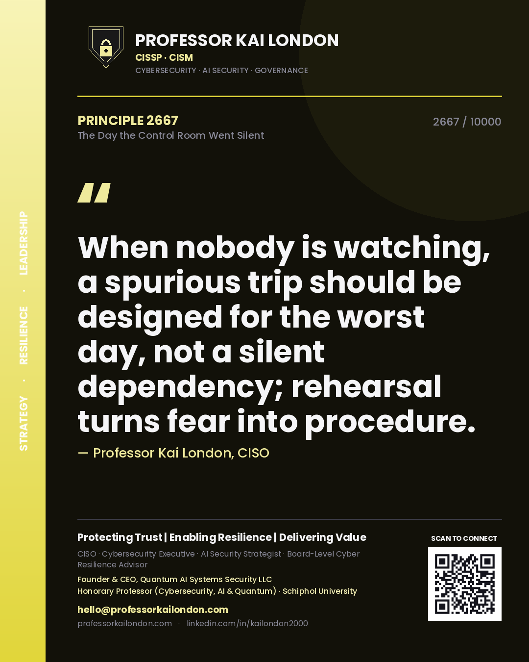 Quote card by Professor Kai London reading 'When nobody is watching, a spurious trip should be designed for the worst day, not a silent dependency; rehearsal turns fear into procedure.'. From the book The Day the Control Room Went Silent.