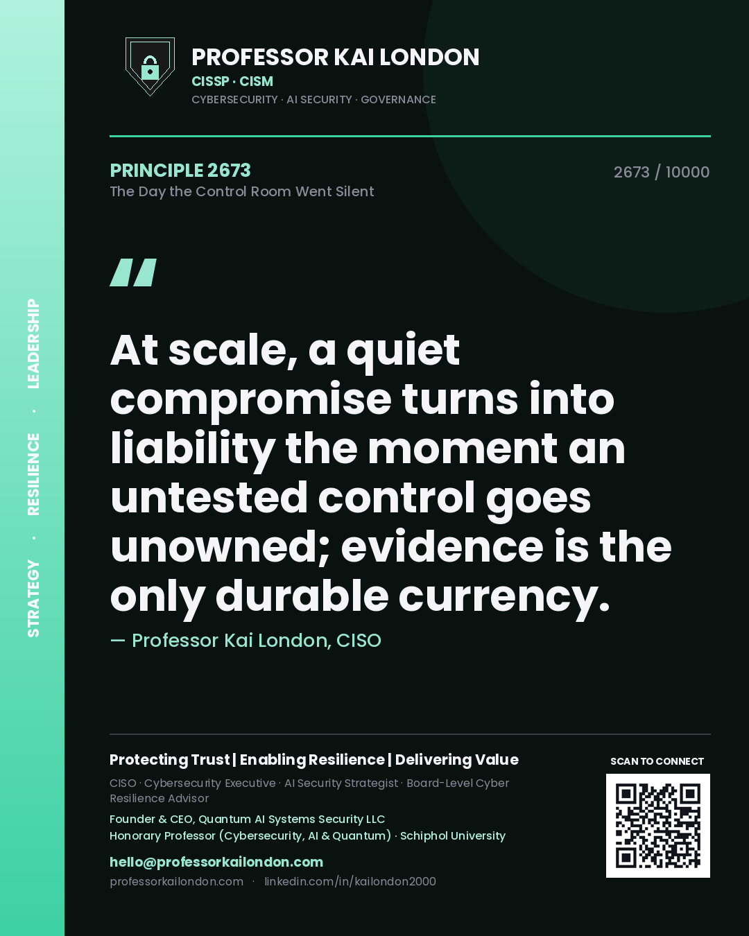 Quote card by Professor Kai London reading 'At scale, a quiet compromise turns into liability the moment an untested control goes unowned; evidence is the only durable currency.'. From the book The Day the Control Room Went Silent.