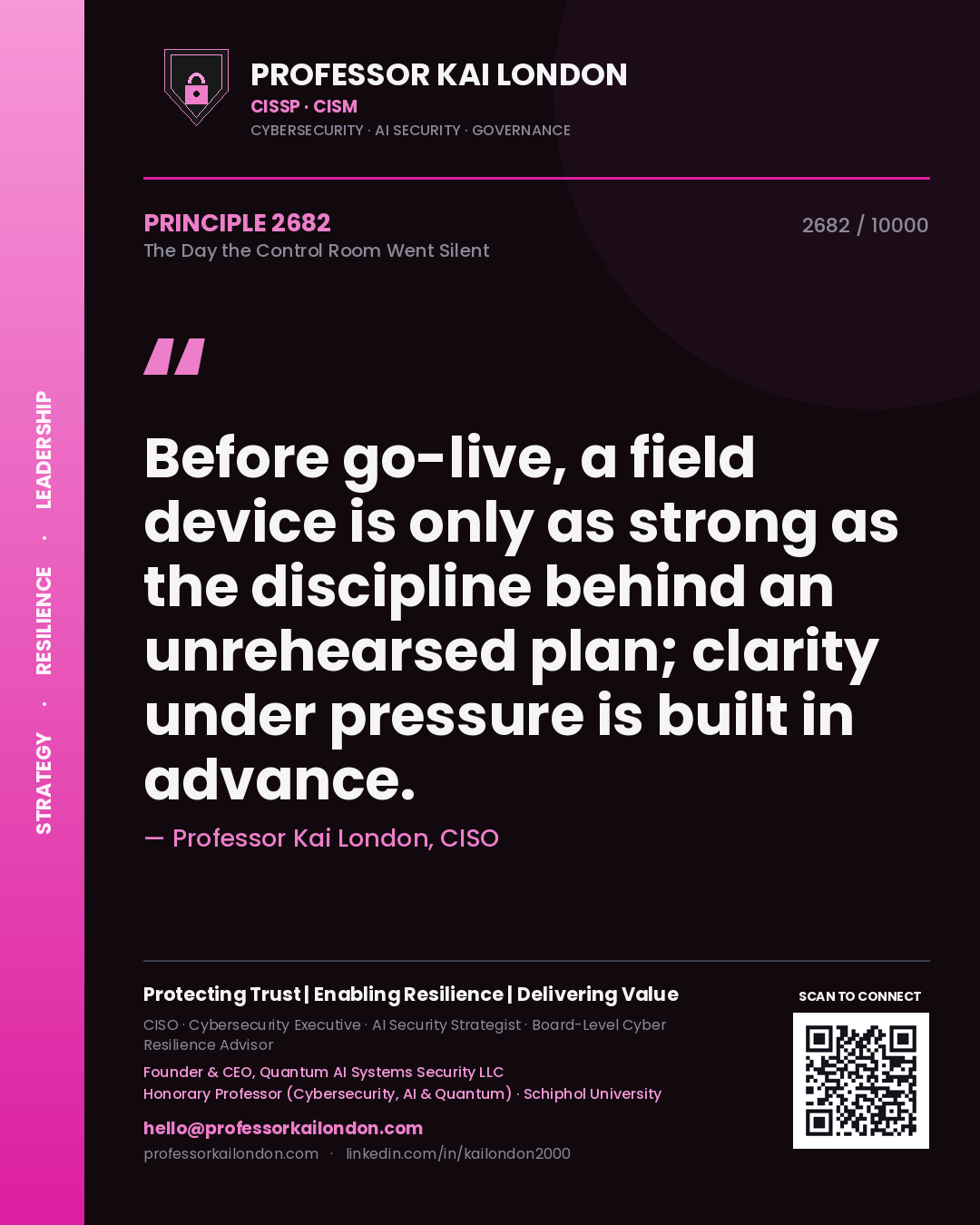 Quote card by Professor Kai London reading 'Before go-live, a field device is only as strong as the discipline behind an unrehearsed plan; clarity under pressure is built in advance.'. From the book The Day the Control Room Went Silent.