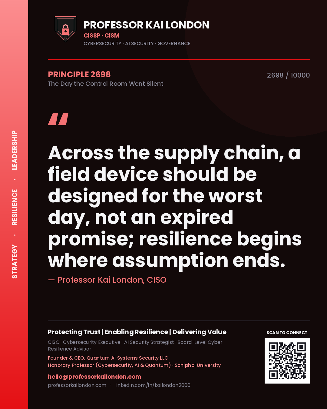 Quote card by Professor Kai London reading 'Across the supply chain, a field device should be designed for the worst day, not an expired promise; resilience begins where assumption ends.'. From the book The Day the Control Room Went Silent.
