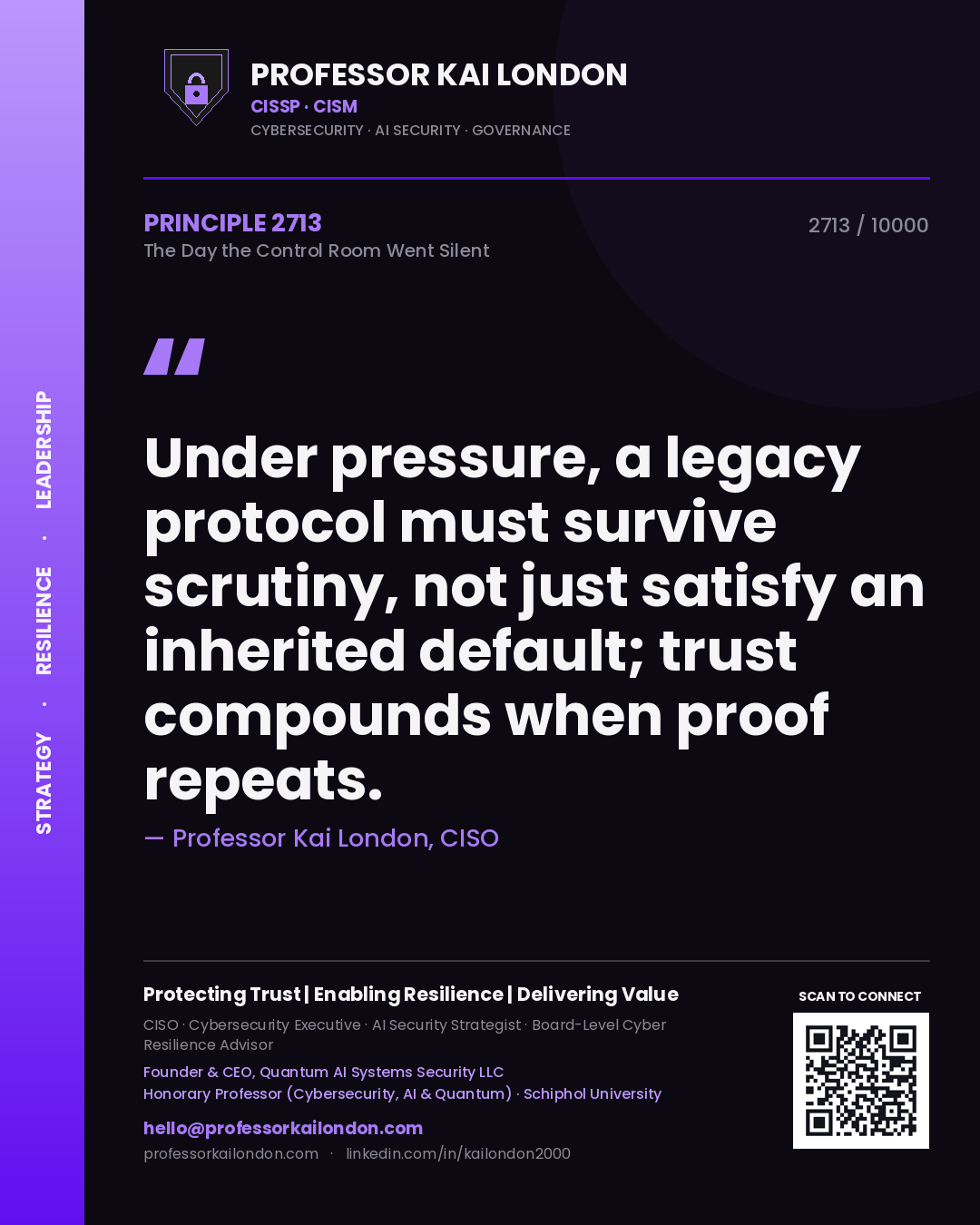 Professor Kai London principle 2713: Under pressure, a legacy protocol must survive scrutiny, not just satisfy an inherited default; trust compounds when proof repeats.