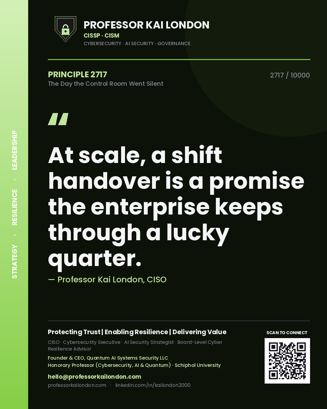 Professor Kai London principle 2717: At scale, a shift handover is a promise the enterprise keeps through a lucky quarter.
