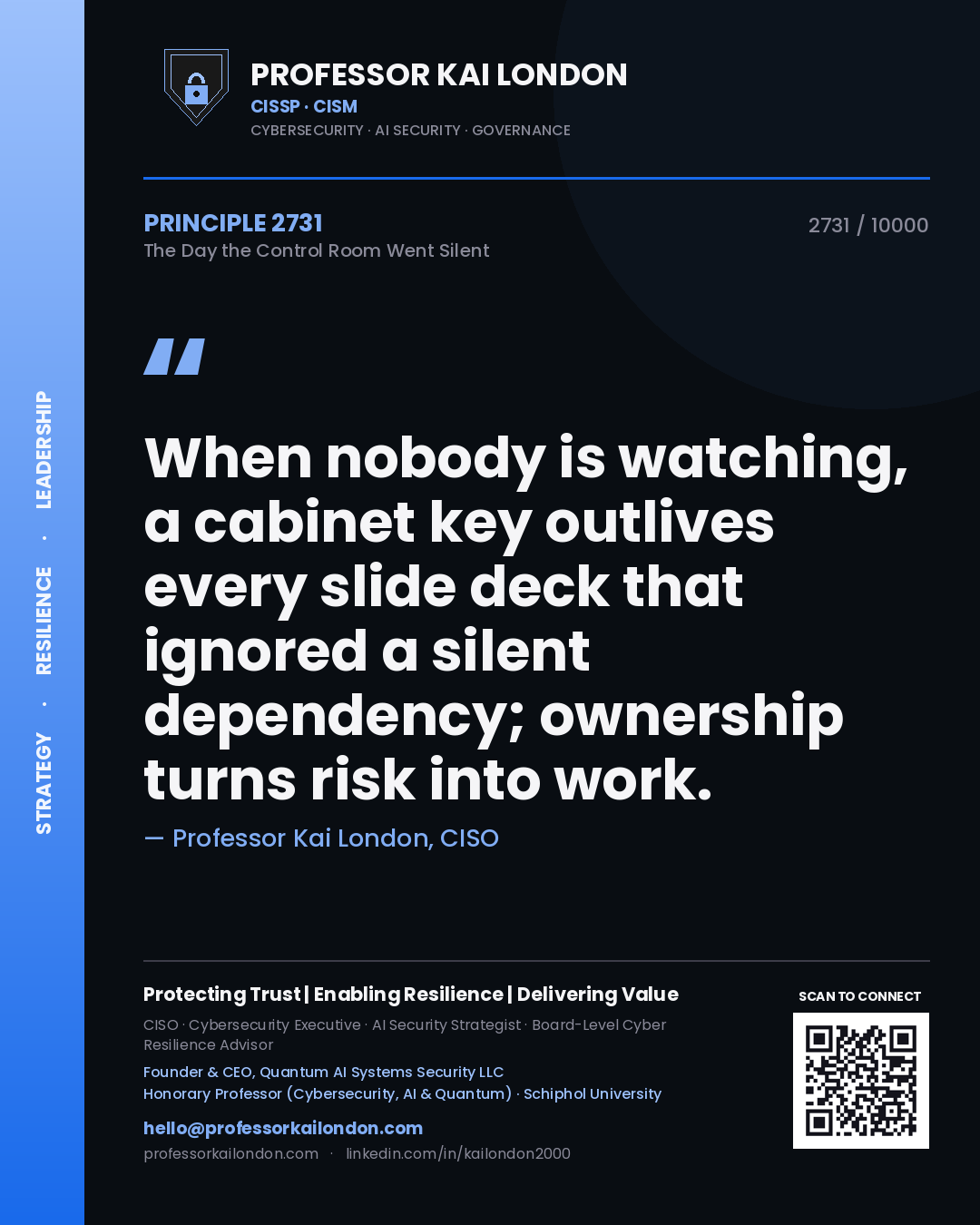 Professor Kai London principle 2731: When nobody is watching, a cabinet key outlives every slide deck that ignored a silent dependency; ownership turns risk into work.