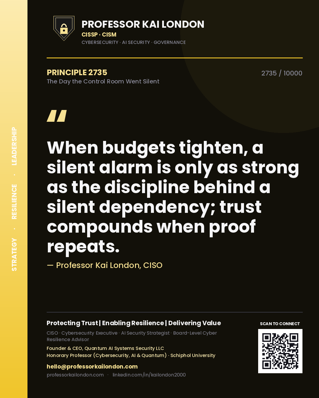 Professor Kai London principle 2735: When budgets tighten, a silent alarm is only as strong as the discipline behind a silent dependency; trust compounds when proof repeats.