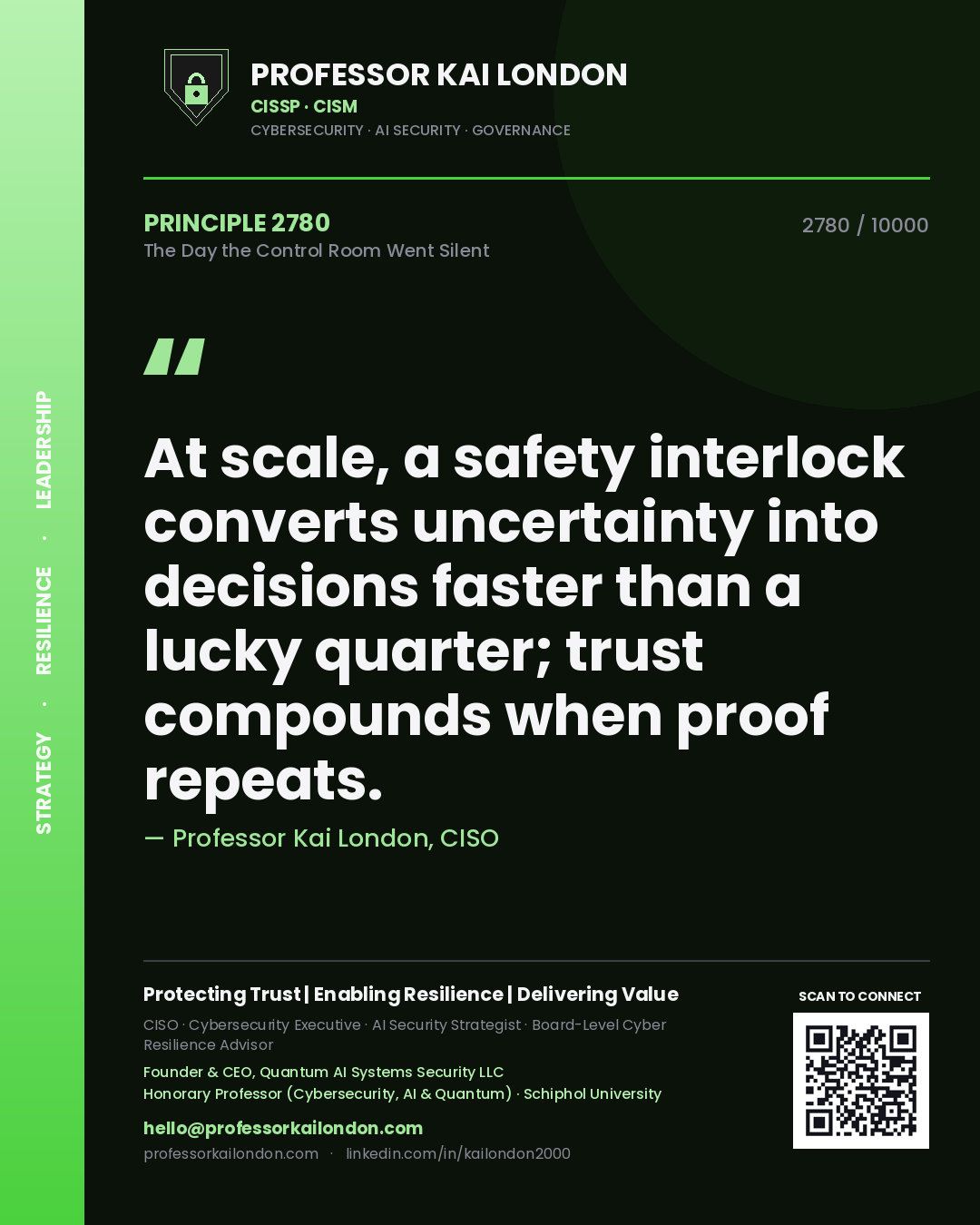 Quote card by Professor Kai London reading 'At scale, a safety interlock converts uncertainty into decisions faster than a lucky quarter; trust compounds when proof repeats.'. From the book The Day the Control Room Went Silent.