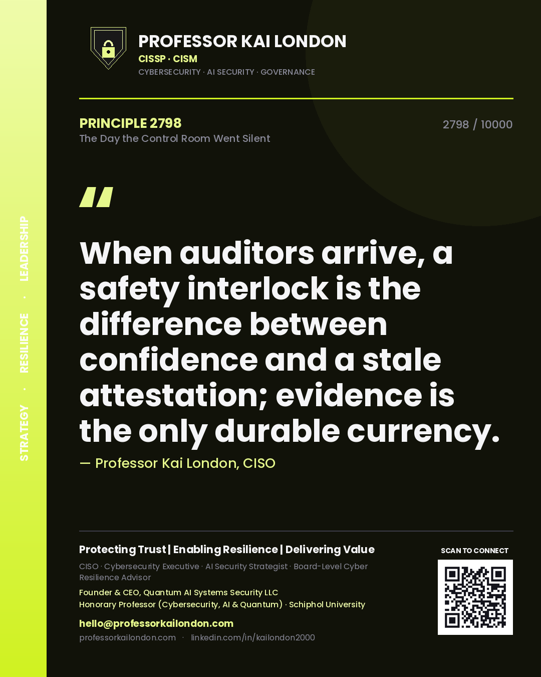 Professor Kai London principle 2798: When auditors arrive, a safety interlock is the difference between confidence and a stale attestation; evidence is the only durable currency.