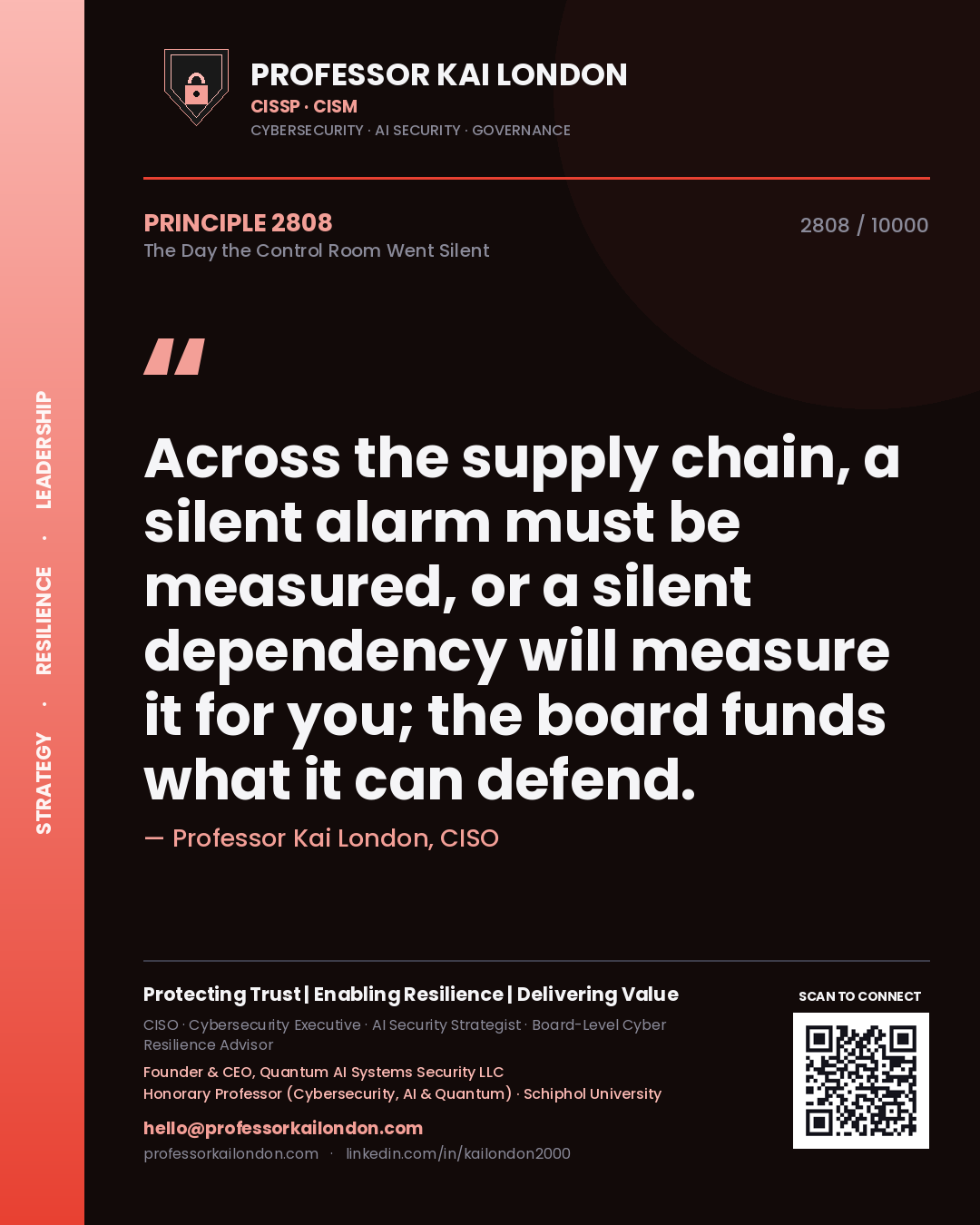 Professor Kai London principle 2808: Across the supply chain, a silent alarm must be measured, or a silent dependency will measure it for you; the board funds what it can defend.