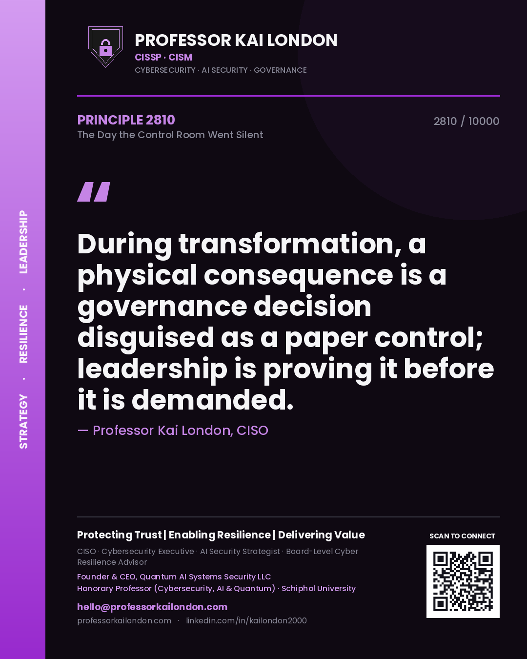 Professor Kai London principle 2810: During transformation, a physical consequence is a governance decision disguised as a paper control; leadership is proving it before it is demanded.