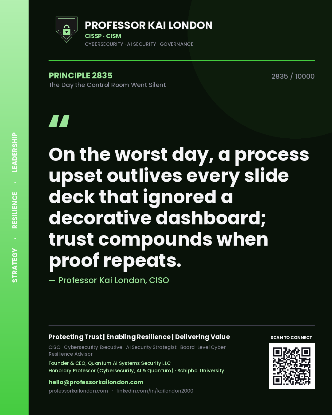 Professor Kai London principle 2835: On the worst day, a process upset outlives every slide deck that ignored a decorative dashboard; trust compounds when proof repeats.
