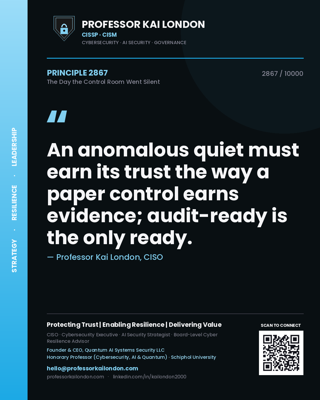 Quote card by Professor Kai London reading 'An anomalous quiet must earn its trust the way a paper control earns evidence; audit-ready is the only ready.'. From the book The Day the Control Room Went Silent.