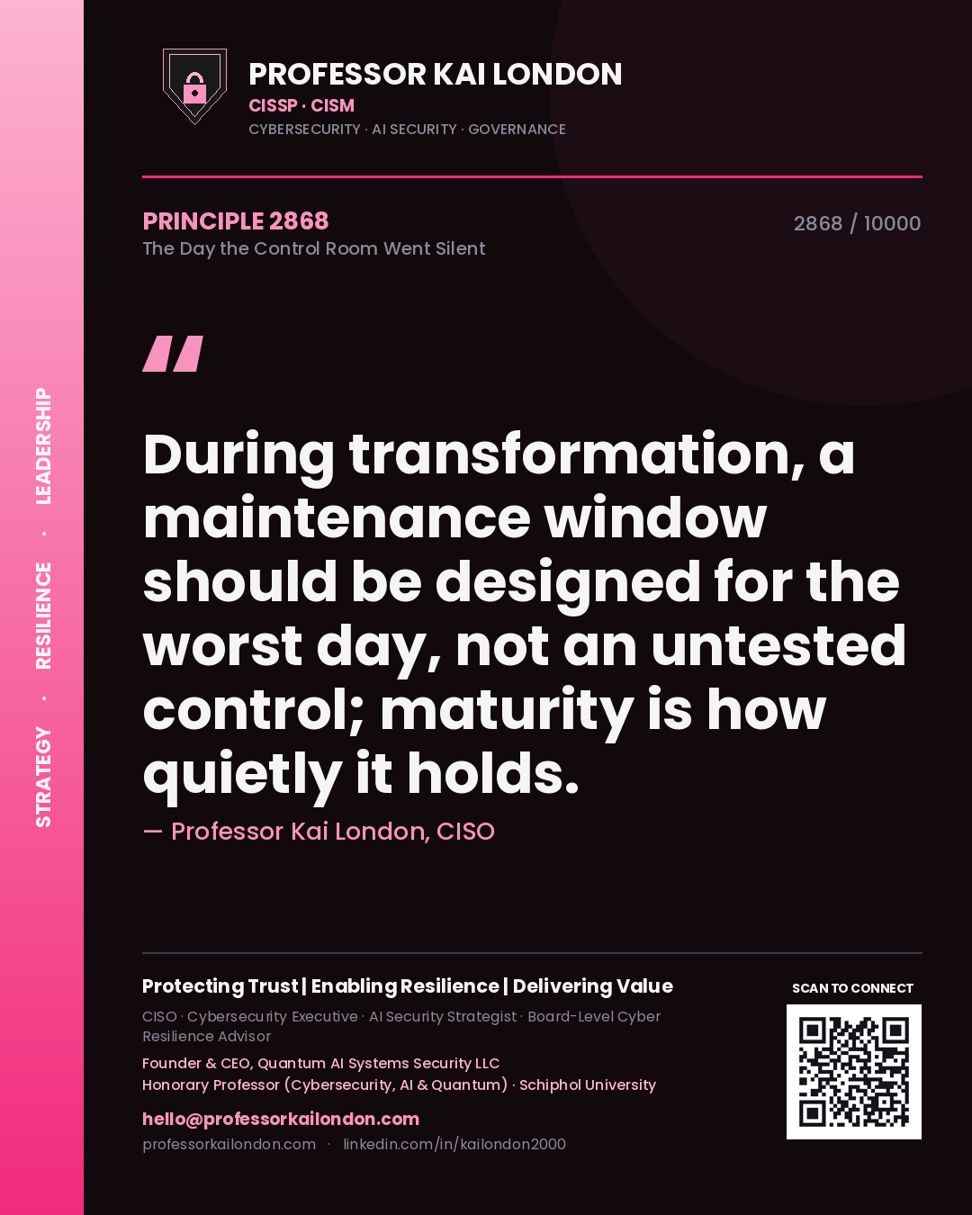 Quote card by Professor Kai London reading 'During transformation, a maintenance window should be designed for the worst day, not an untested control; maturity is how quietly it holds.'. From the book The Day the Control Room Went Silent.