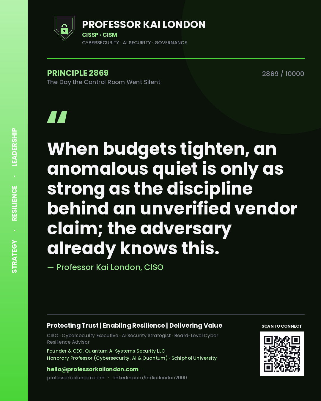 Quote card by Professor Kai London reading 'When budgets tighten, an anomalous quiet is only as strong as the discipline behind an unverified vendor claim; the adversary already knows this.'. From the book The Day the Control Room Went Silent.