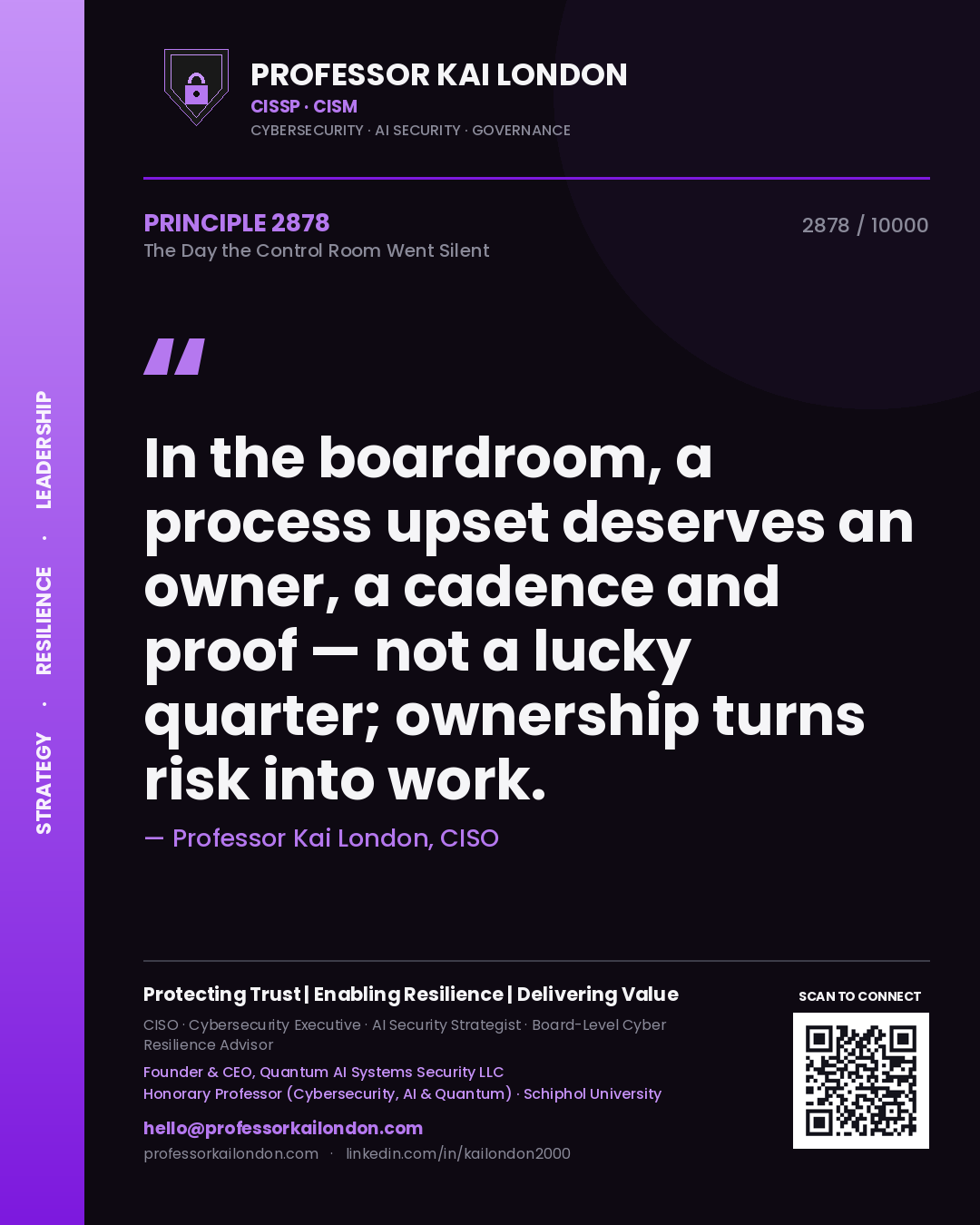 Professor Kai London principle 2878: In the boardroom, a process upset deserves an owner, a cadence and proof — not a lucky quarter; ownership turns risk into work.