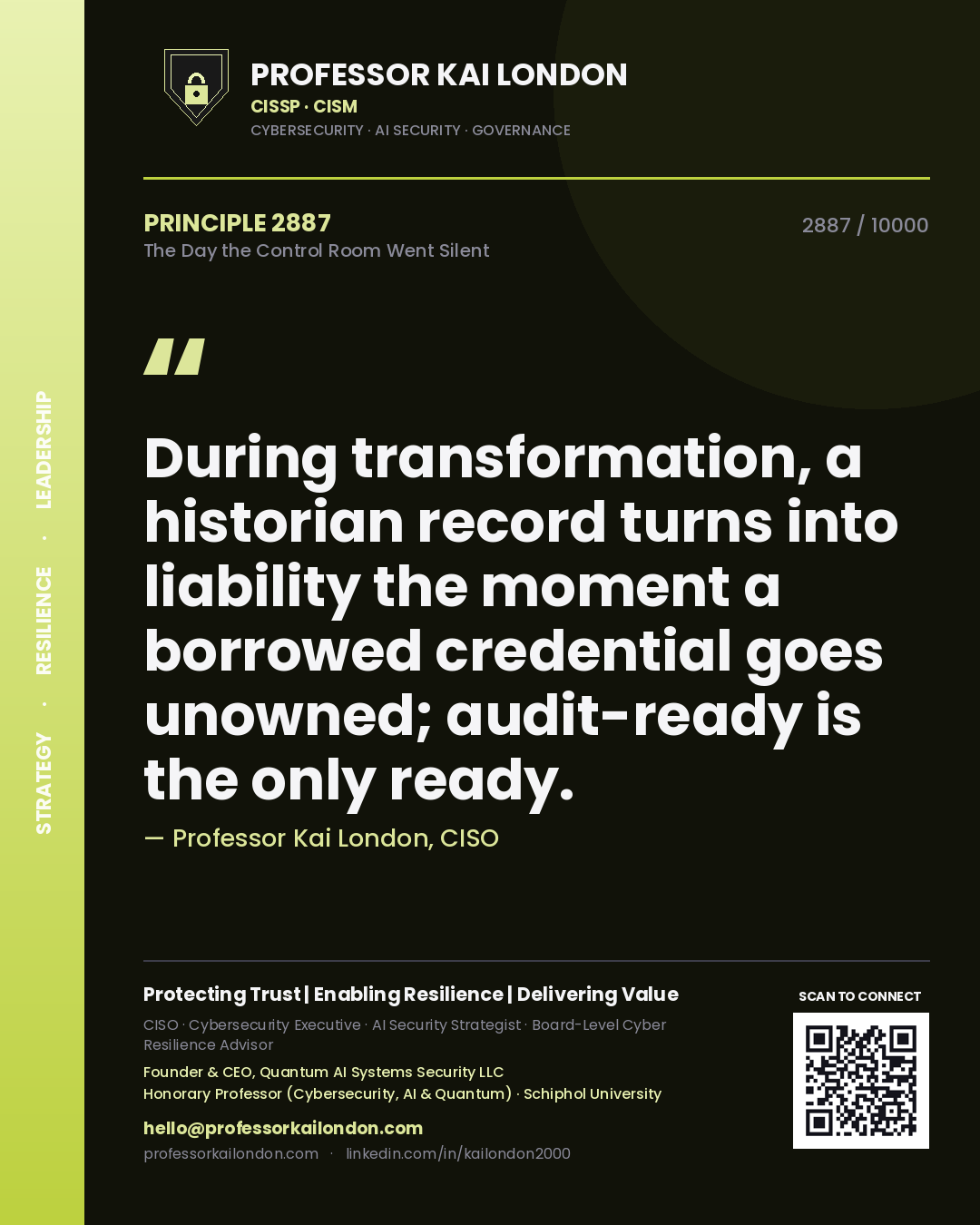 Quote card by Professor Kai London reading 'During transformation, a historian record turns into liability the moment a borrowed credential goes unowned; audit-ready is the only ready.'. From the book The Day the Control Room Went Silent.