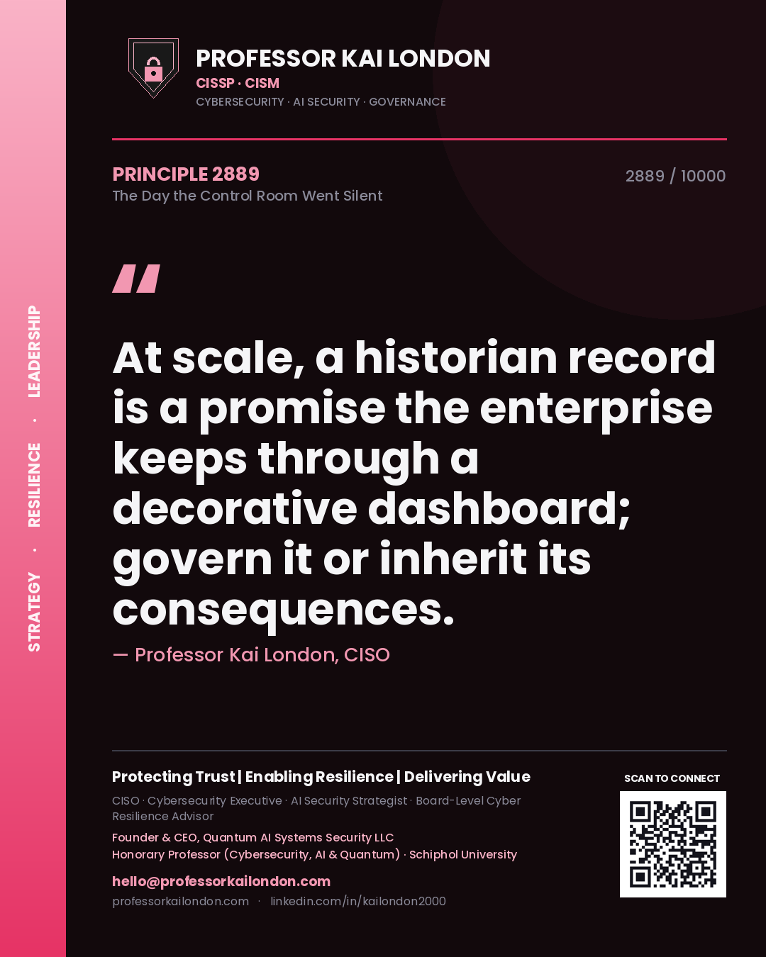 Quote card by Professor Kai London reading 'At scale, a historian record is a promise the enterprise keeps through a decorative dashboard; govern it or inherit its consequences.'. From the book The Day the Control Room Went Silent.