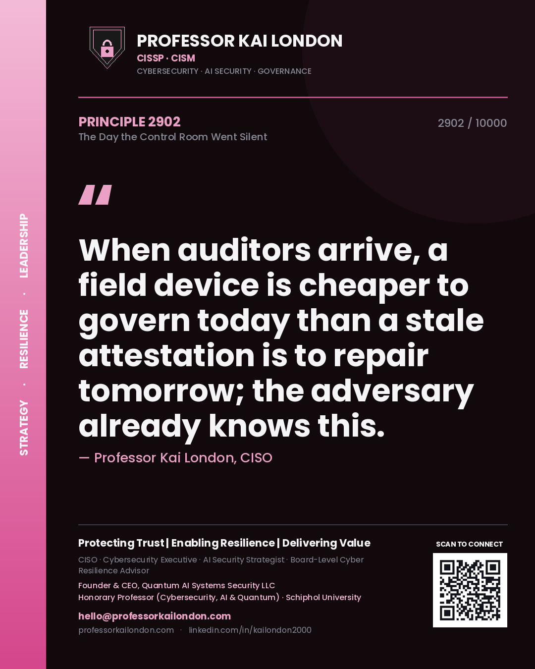 Quote card by Professor Kai London reading 'When auditors arrive, a field device is cheaper to govern today than a stale attestation is to repair tomorrow; the adversary already knows this.'. From the book The Day the Control Room Went Silent.