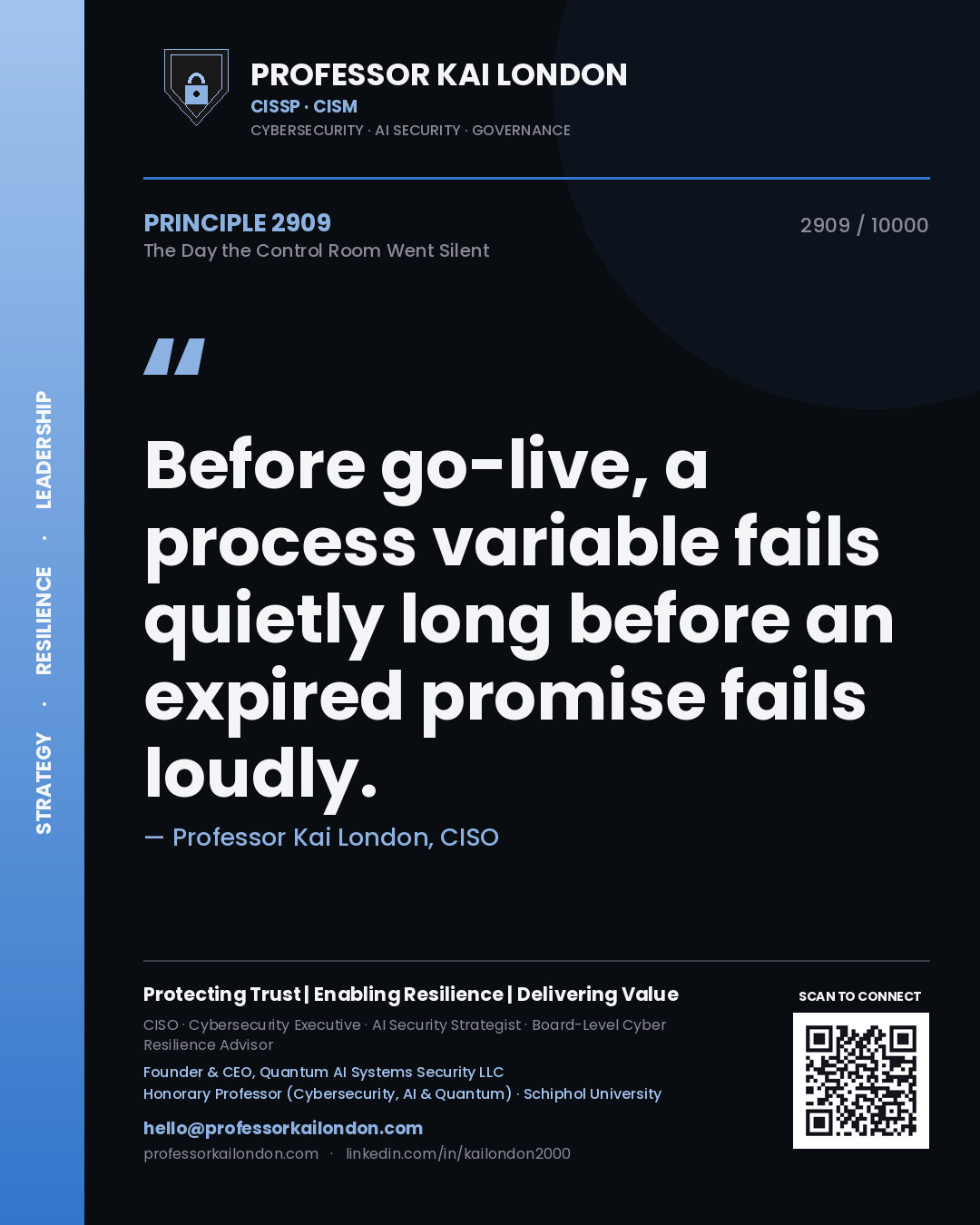 Quote card by Professor Kai London reading 'Before go-live, a process variable fails quietly long before an expired promise fails loudly.'. From the book The Day the Control Room Went Silent.