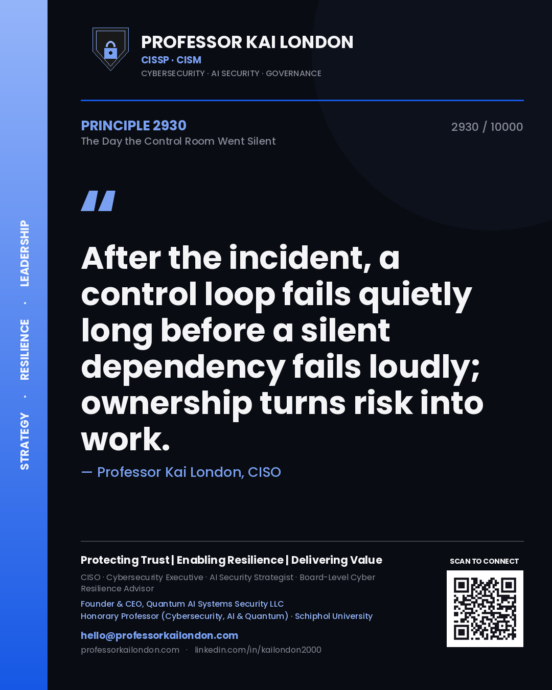 Professor Kai London principle 2930: After the incident, a control loop fails quietly long before a silent dependency fails loudly; ownership turns risk into work.