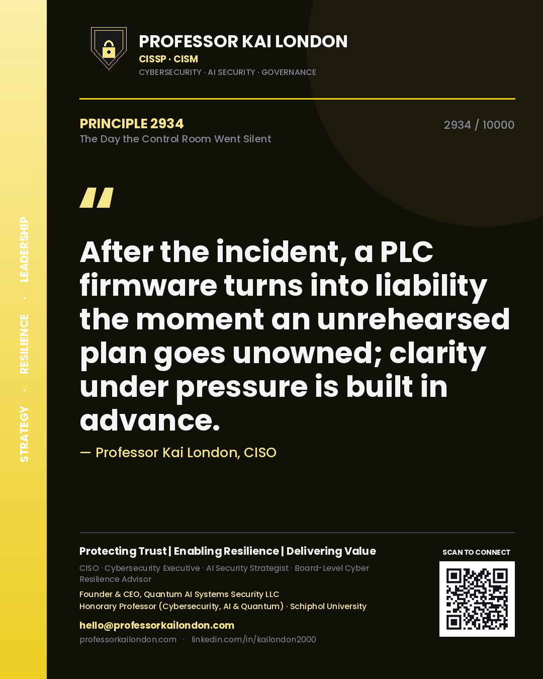 Quote card by Professor Kai London reading 'After the incident, a PLC firmware turns into liability the moment an unrehearsed plan goes unowned; clarity under pressure is built in advance.'. From the book The Day the Control Room Went Silent.
