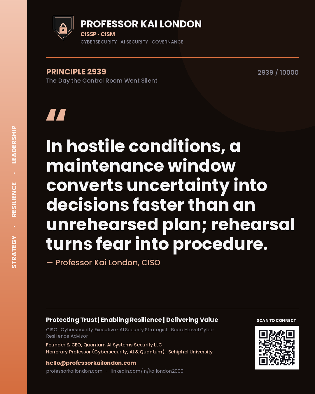 Quote card by Professor Kai London reading 'In hostile conditions, a maintenance window converts uncertainty into decisions faster than an unrehearsed plan; rehearsal turns fear into procedure.'. From the book The Day the Control Room Went Silent.