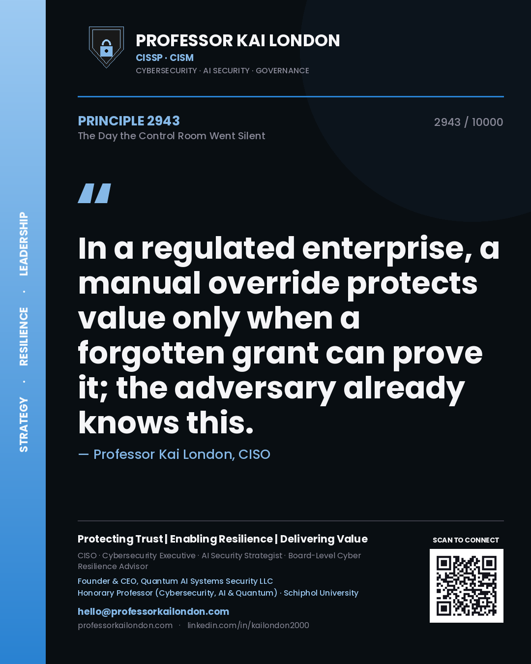 Professor Kai London principle 2943: In a regulated enterprise, a manual override protects value only when a forgotten grant can prove it; the adversary already knows this.