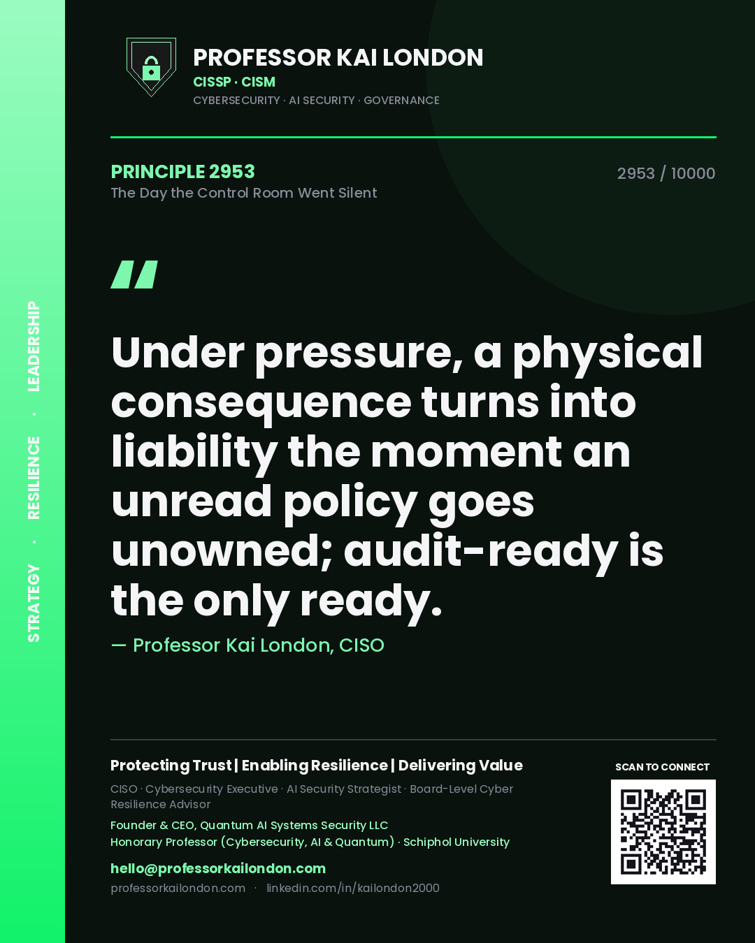 Quote card by Professor Kai London reading 'Under pressure, a physical consequence turns into liability the moment an unread policy goes unowned; audit-ready is the only ready.'. From the book The Day the Control Room Went Silent.