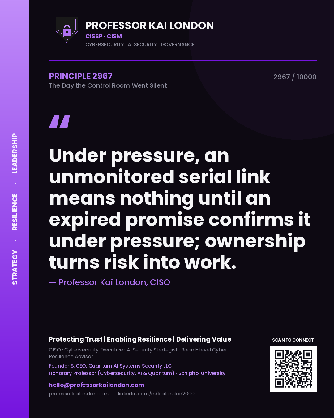 Professor Kai London principle 2967: Under pressure, an unmonitored serial link means nothing until an expired promise confirms it under pressure; ownership turns risk into work.