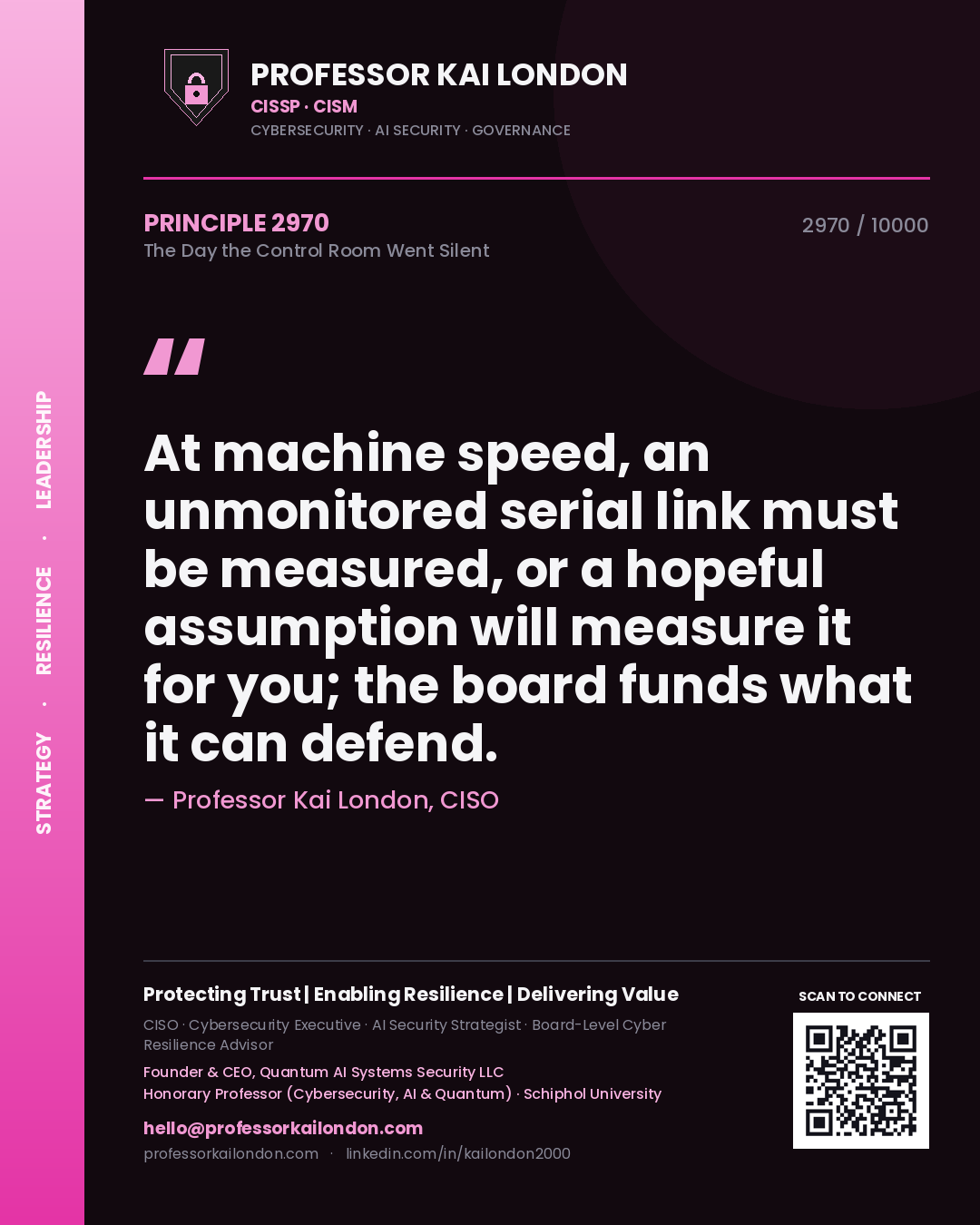 Quote card by Professor Kai London reading 'At machine speed, an unmonitored serial link must be measured, or a hopeful assumption will measure it for you; the board funds what it can defend.'. From the book The Day the Control Room Went Silent.