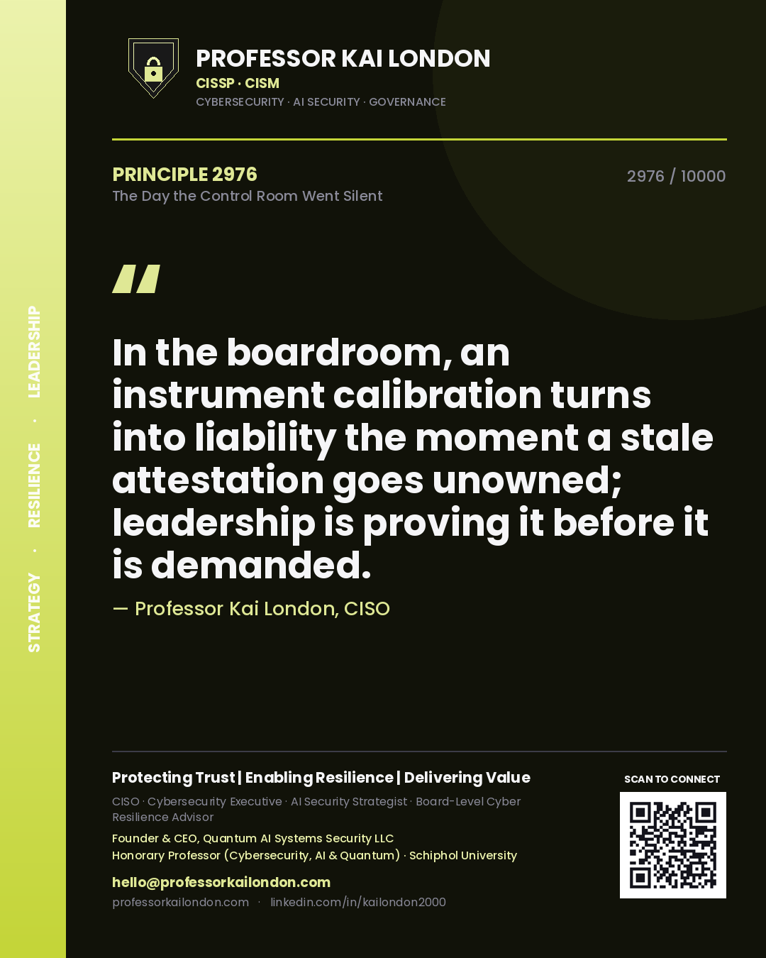 Quote card by Professor Kai London reading 'In the boardroom, an instrument calibration turns into liability the moment a stale attestation goes unowned; leadership is proving it before it is demanded.'. From the book The Day the Control Room Went Silent.