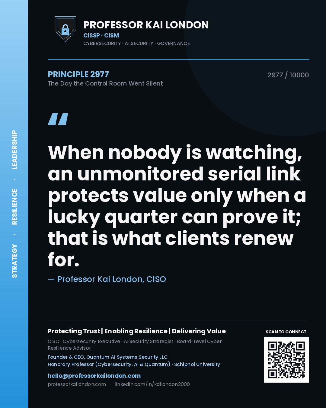 Quote card by Professor Kai London reading 'When nobody is watching, an unmonitored serial link protects value only when a lucky quarter can prove it; that is what clients renew for.'. From the book The Day the Control Room Went Silent.